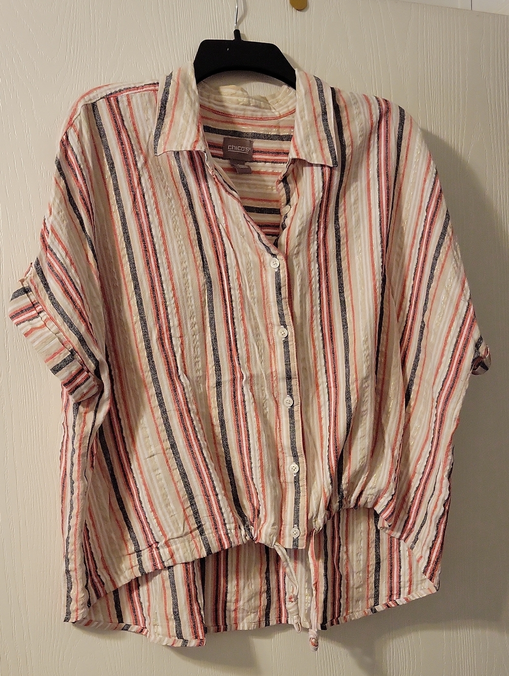 Chico's Linen Blend Cream Button-Front Striped Shirt with Gold Shimmer Stripes